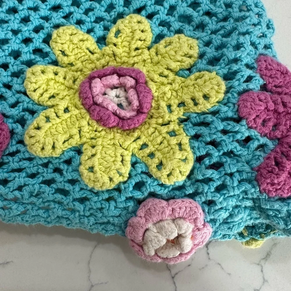 Kids Vintage Flapdoodles Pink and Blue Crochet Flowers Poncho 90s size 6